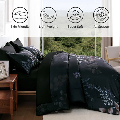 7 Piece Comforter Set for Bedding (Black Botanical Floral)