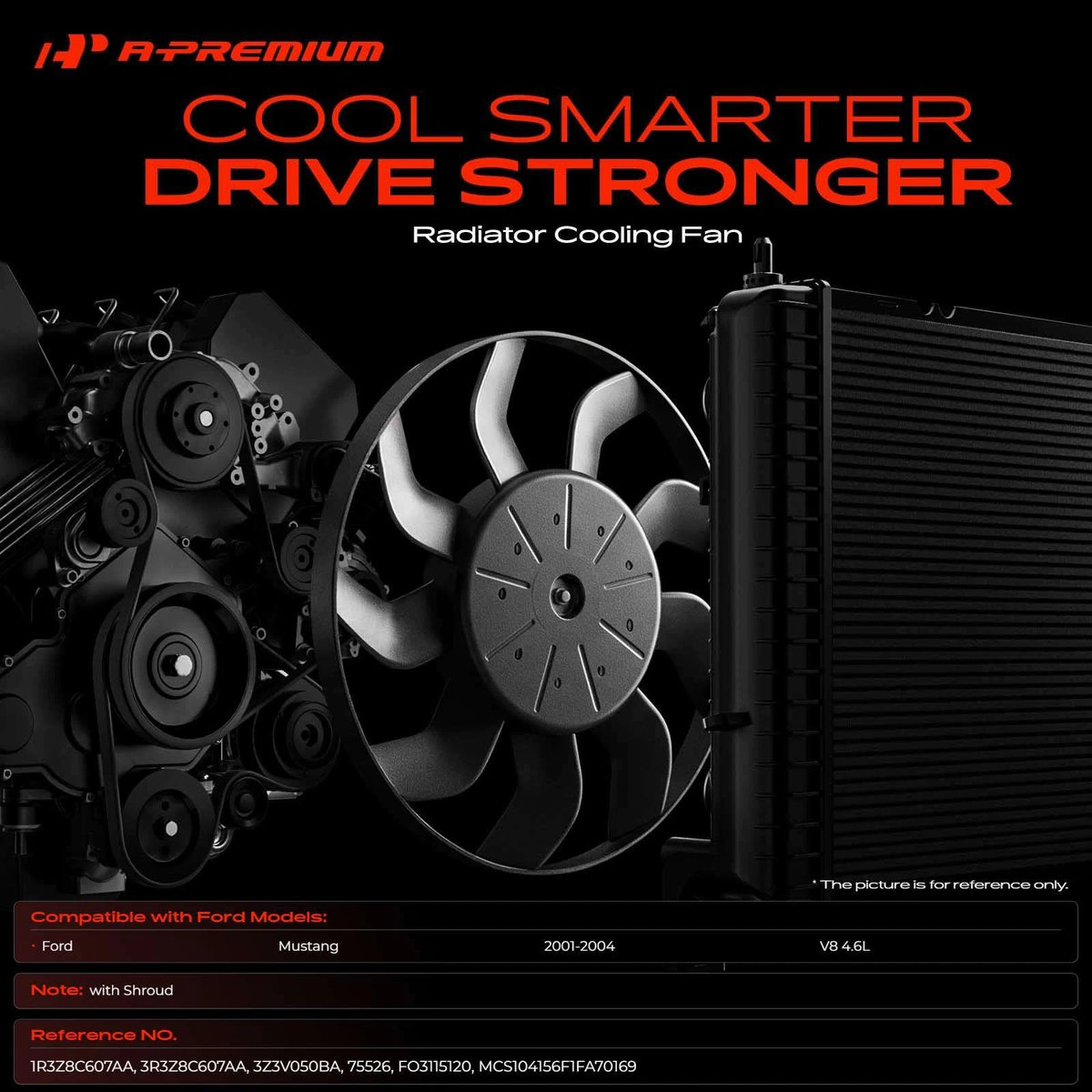 Cooling Fan Assembly for Ford Mustang (2001–2004) 3R3Z8C607AA, 1R3Z8C607AA, 620139, 620650, 75526