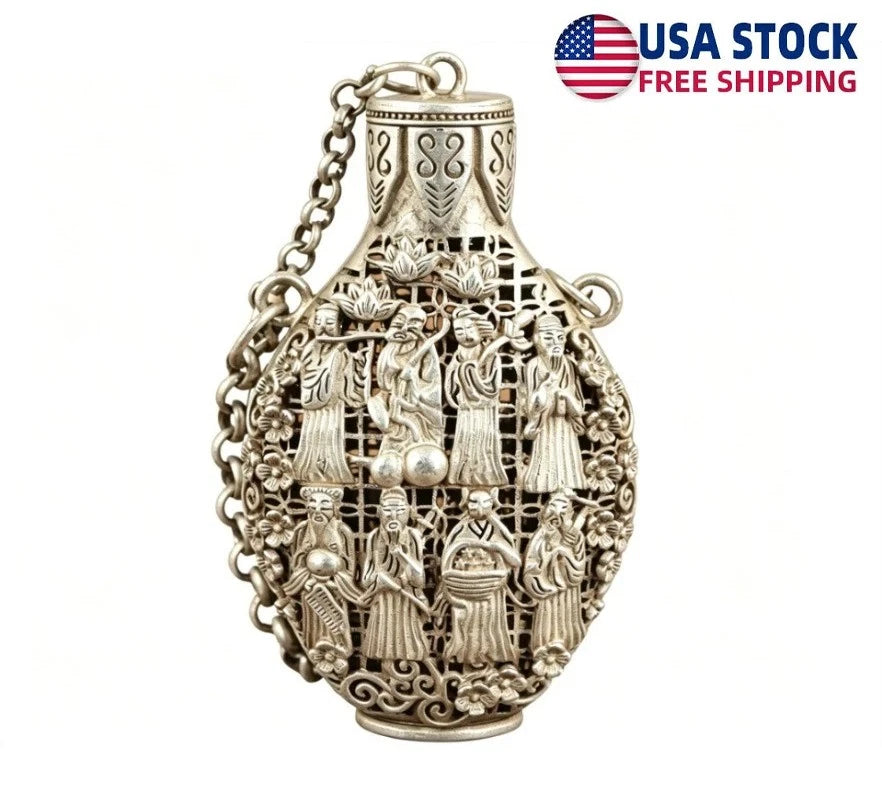 Hollow Carved 8 Immortals Snuff Bottle for Chinese Old Tibet Silver