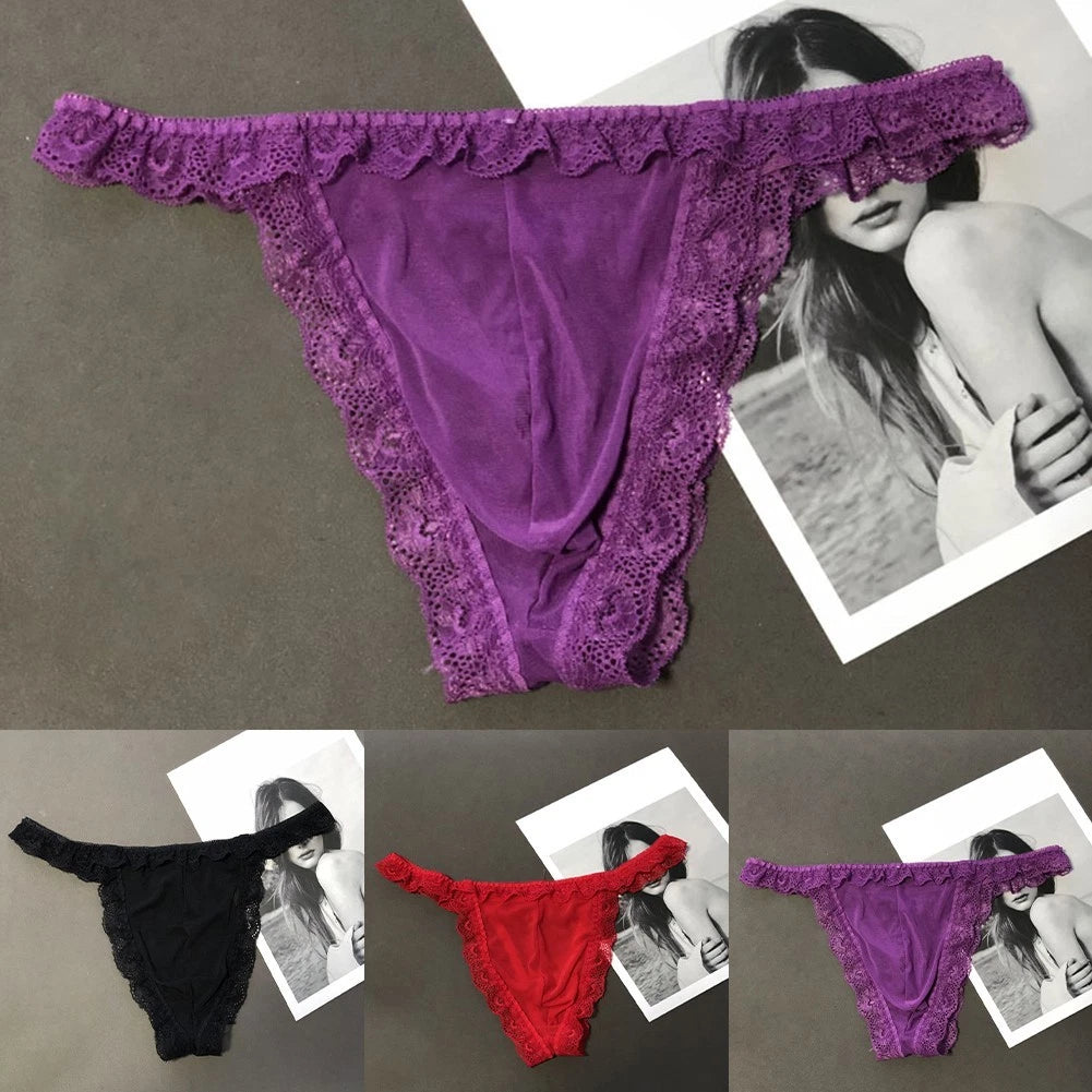 Mens Low Waist Lace Briefs Thong Underwear - Soft Breathable Mesh