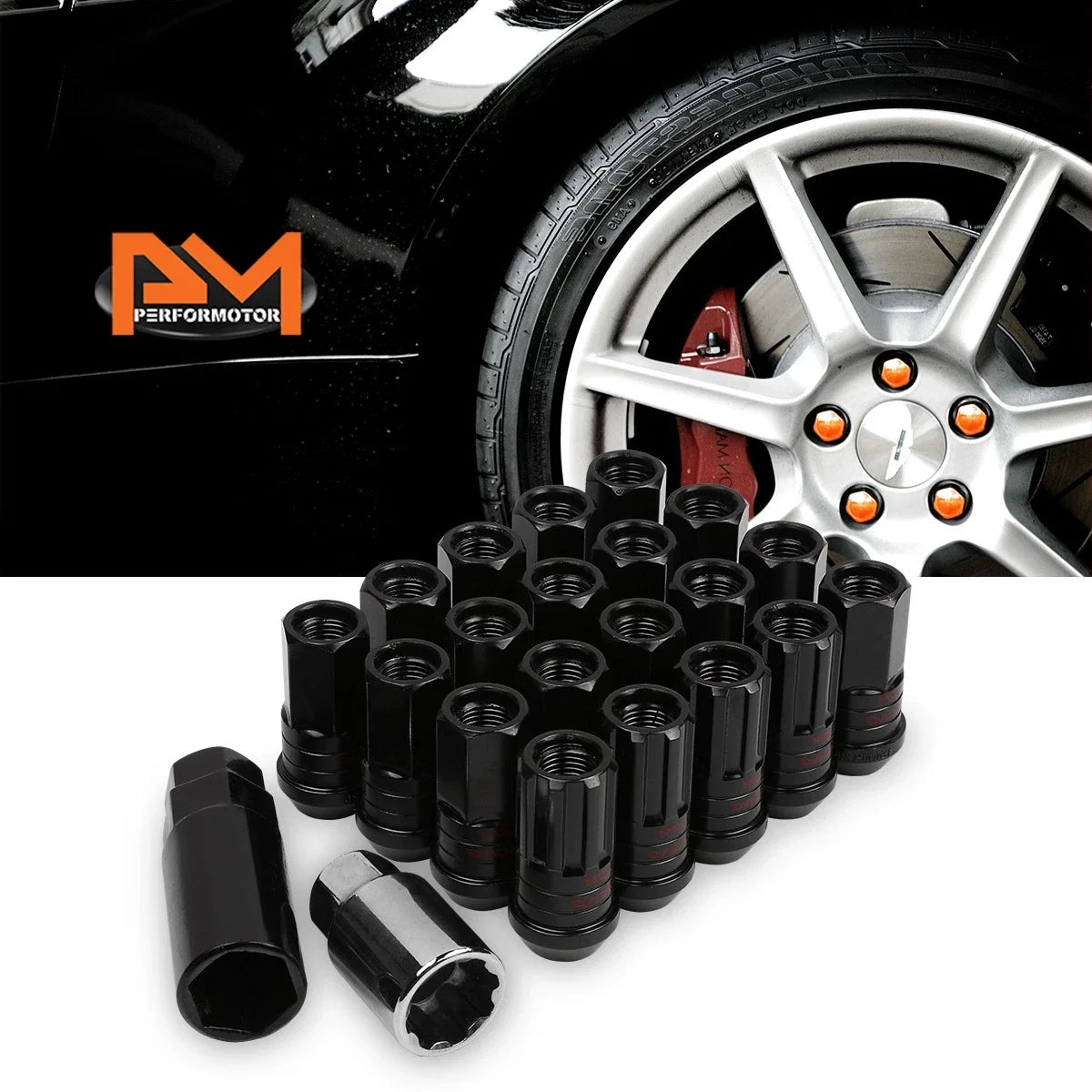 Set of 20 M12X1.25 Black JDM Open End Lug Nuts with Spline Locks and Key