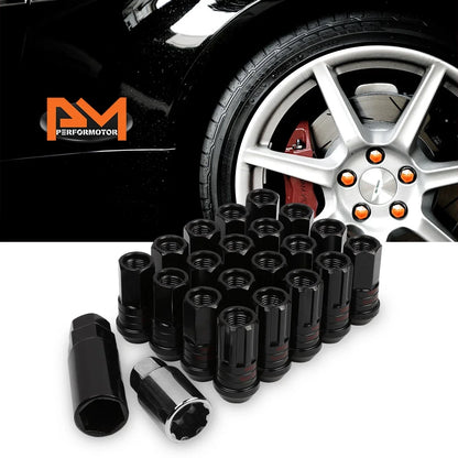 Set of 20 M12X1.25 Black JDM Open End Lug Nuts with Spline Locks and Key