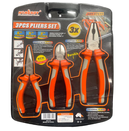 3X Cutting Pliers Set (6" Long Nose, 6" Diagonal, 8" Lineman's)