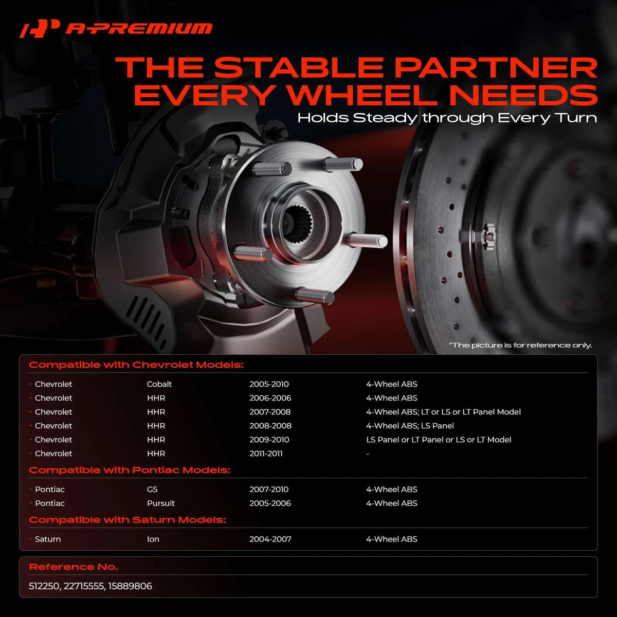 Rear Wheel Hub & Bearing Assembly with ABS for Chevy HHR/Cobalt (2006–2010) - 22715555, 15889806, 512250