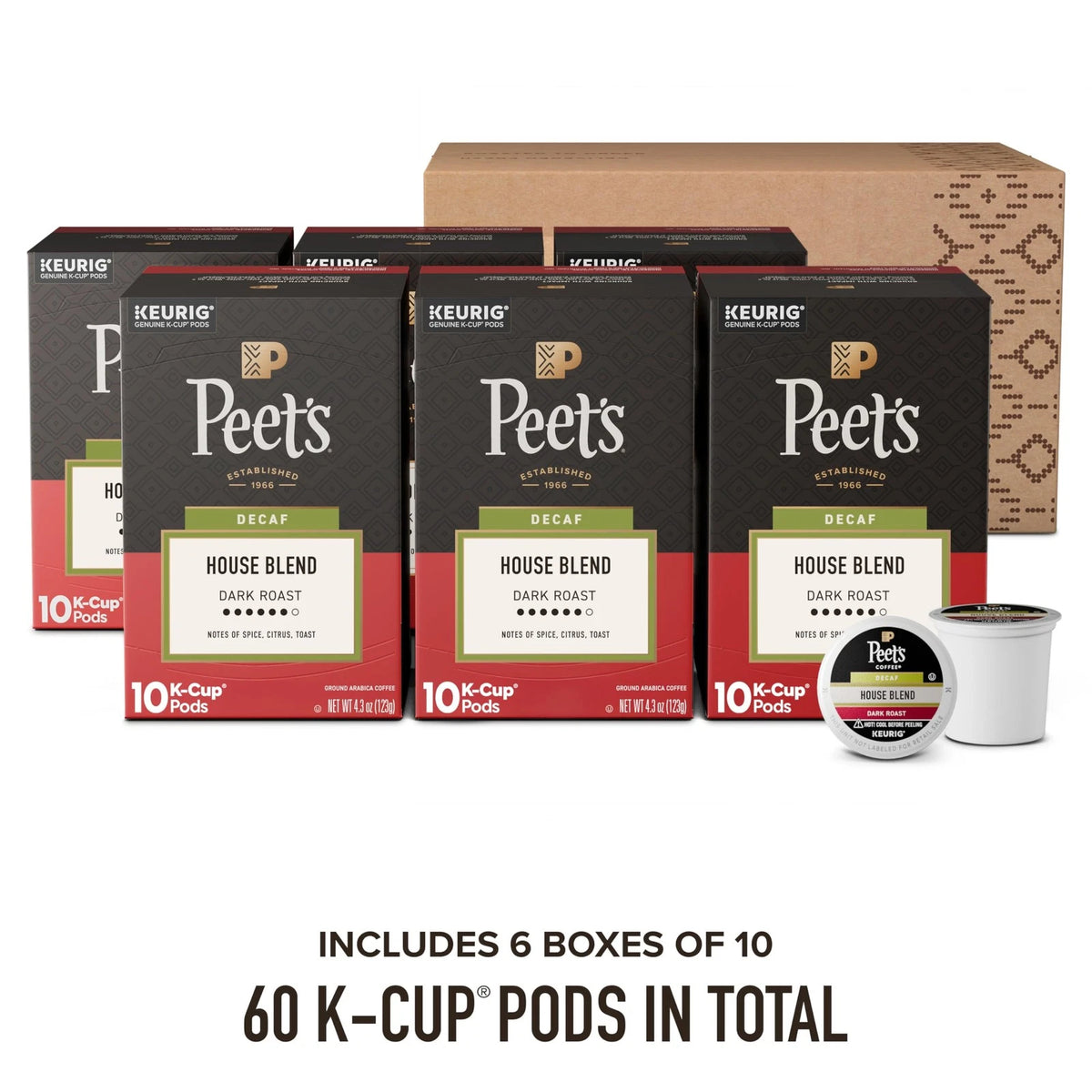 Set of 6 Dark Roast Decaf K-Cups for Coffee Makers (10 Count Each)