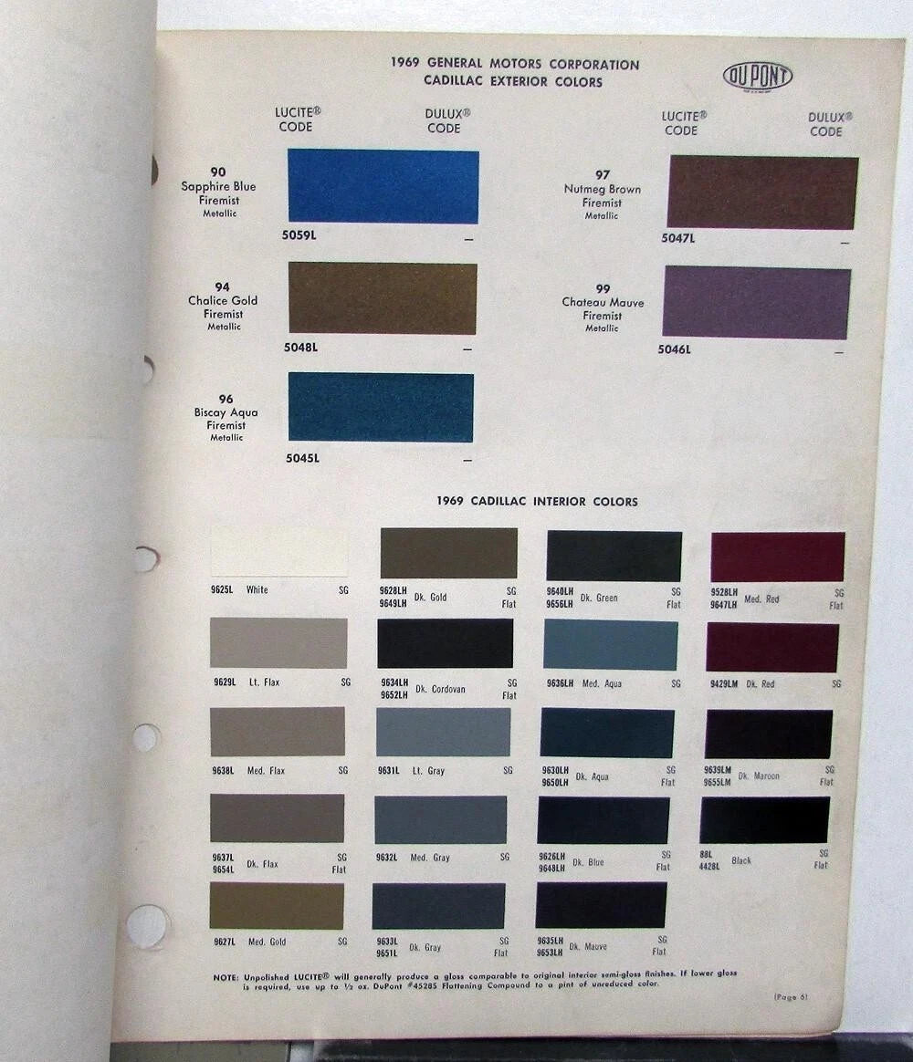 Paint Chip Color Samples for Pontiac Buick Chevrolet Oldsmobile Cadillac (1969)