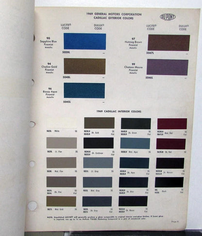 Paint Chip Color Samples for Pontiac Buick Chevrolet Oldsmobile Cadillac (1969)