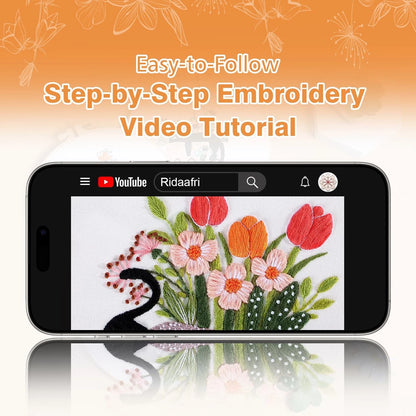 Set of 3 Embroidery Kits for Beginners - Cat, Floral, DIY