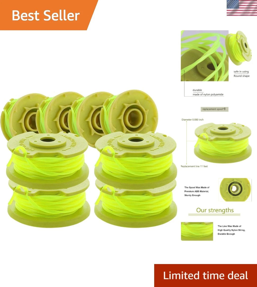 Set of 8 Auto-Feed Trimmer Line for Ryobi 0.080” x 11ft