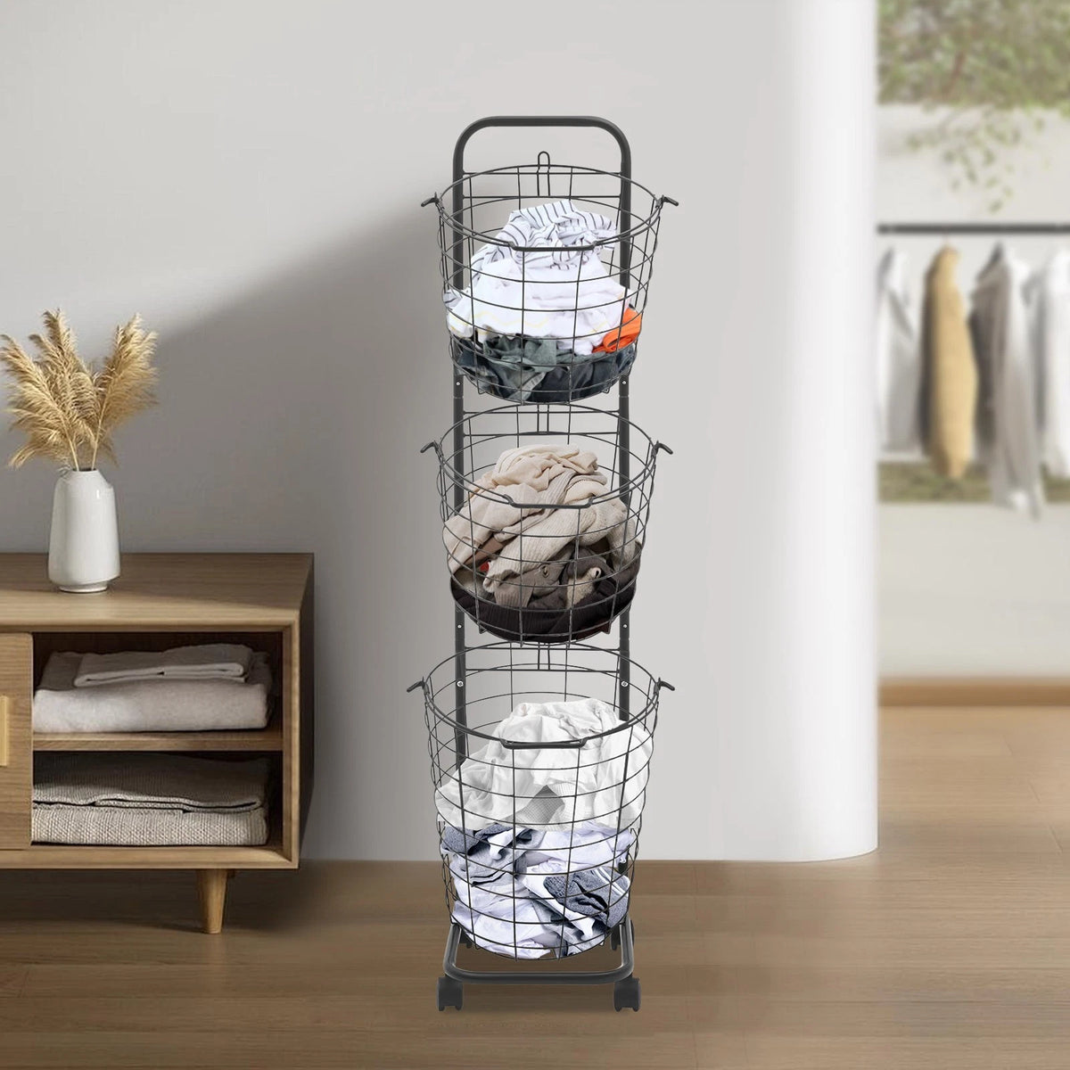 3 Tier Rolling Laundry Hamper with 3 Removable Baskets & 4 Wheels