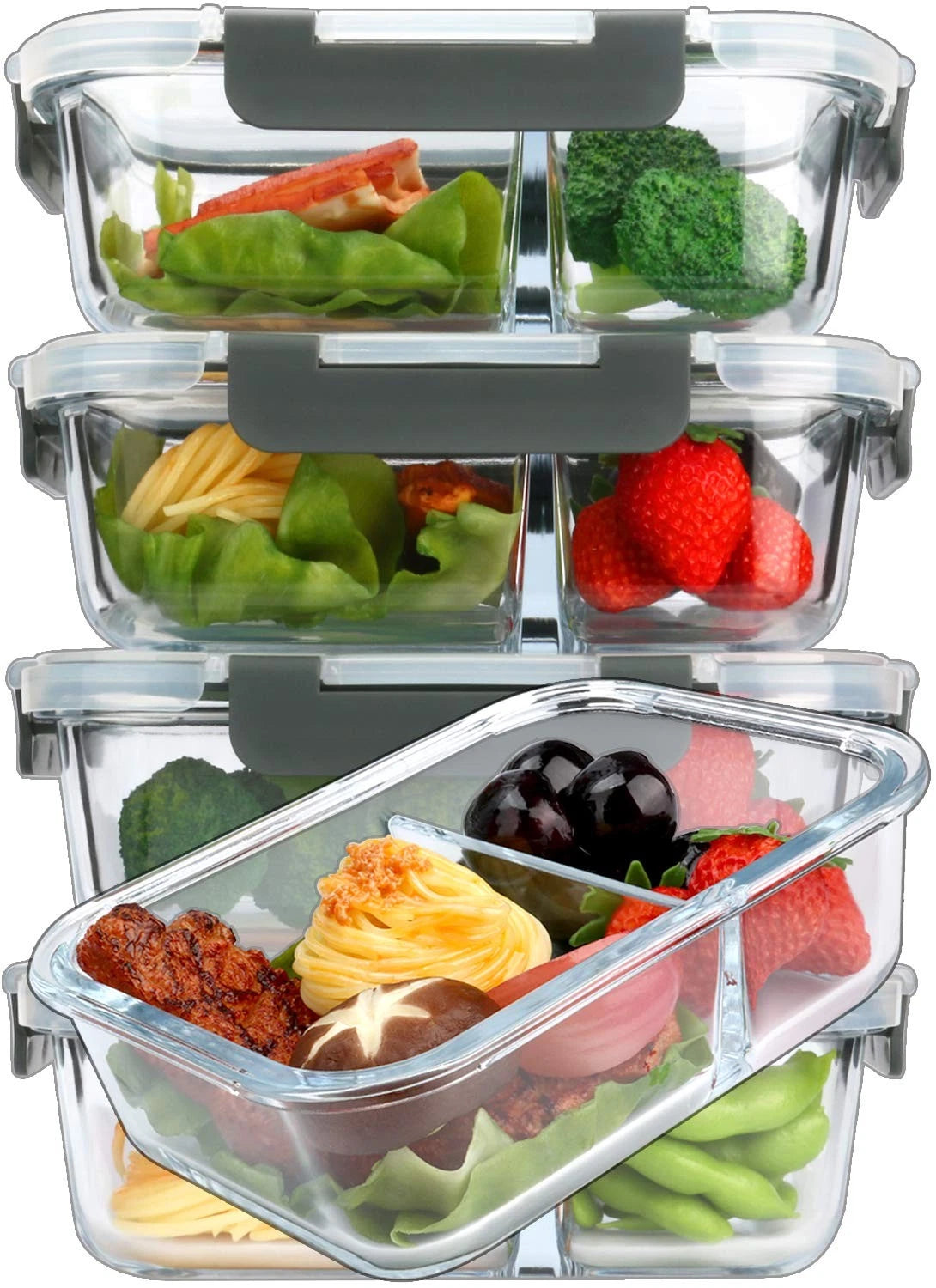 5-Pack Glass Meal Prep Containers for Meal Prep (2 Compartments)