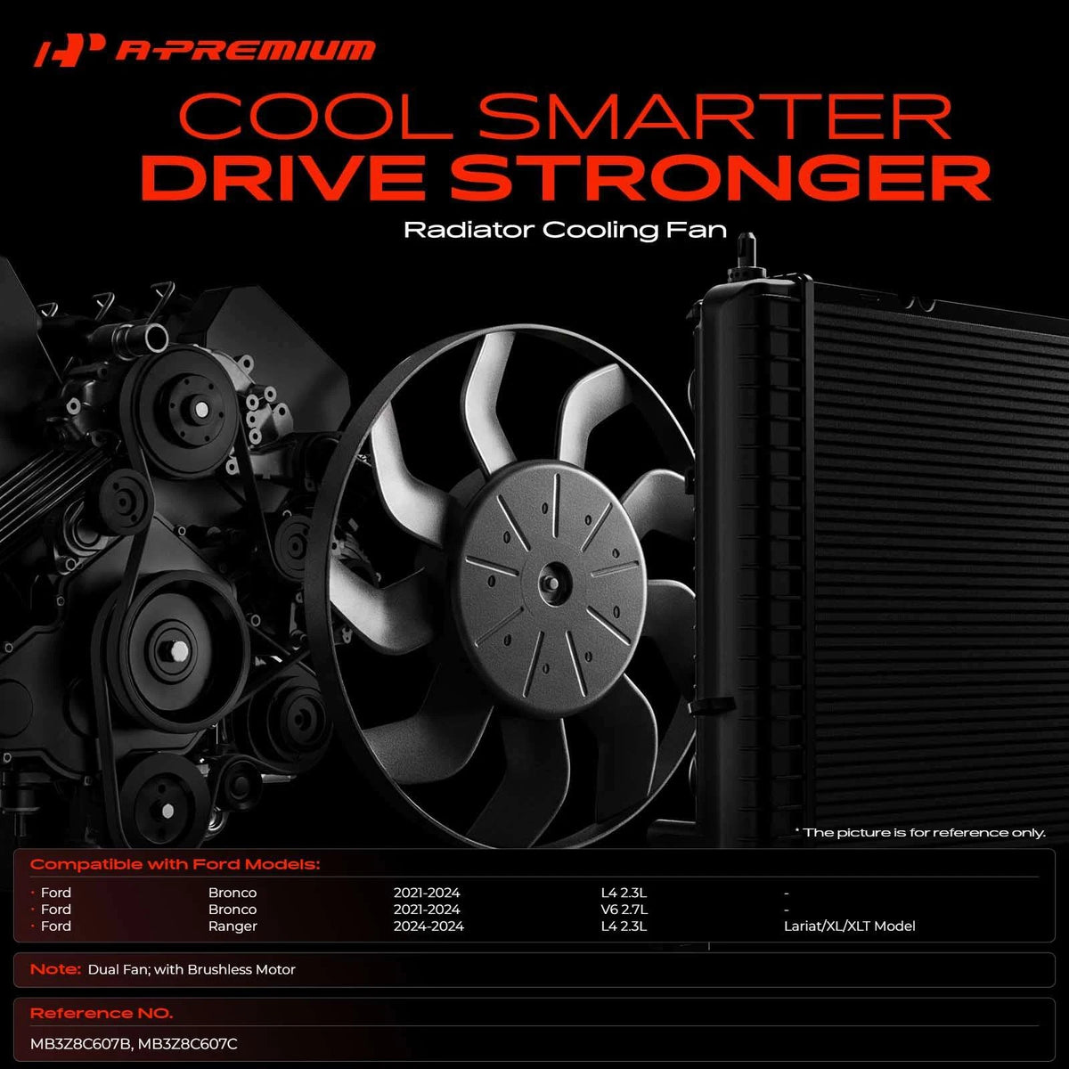 Dual Cooling Fan Assembly for Ford Ranger Bronco (MB3Z8C607B, MB3Z8C607C)