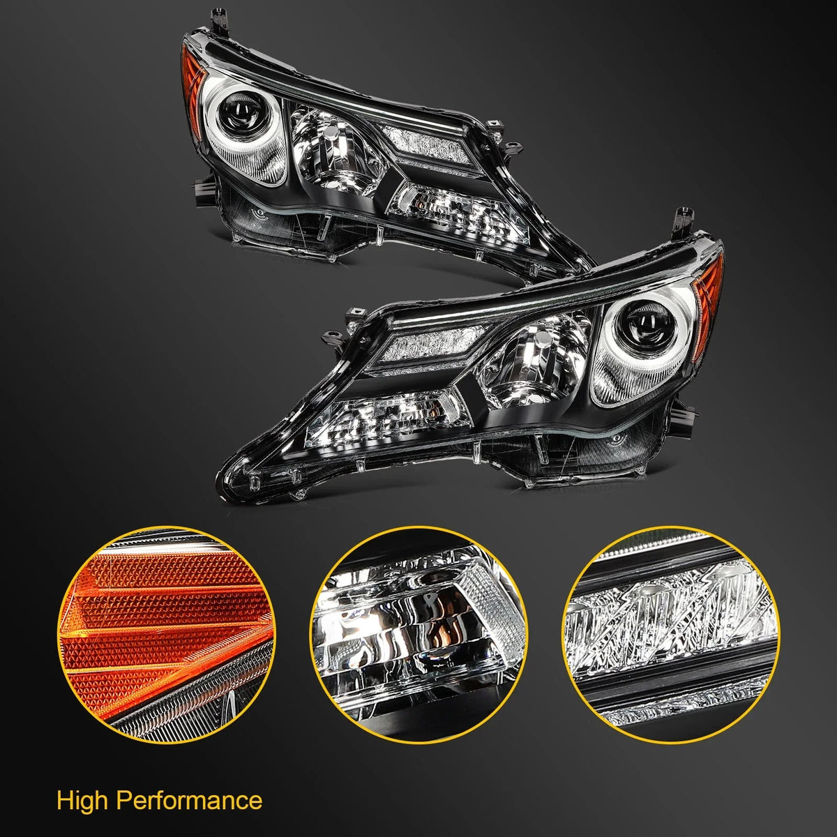 2X Headlight Assembly for Toyota RAV4 (2013–2015) Black Amber Housing