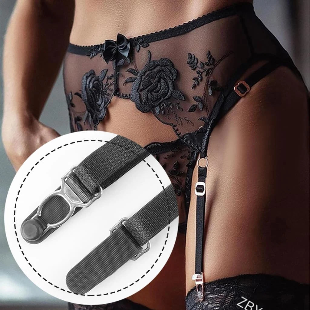 Lace Garter Belt Thong Set for Women - Black, One Size