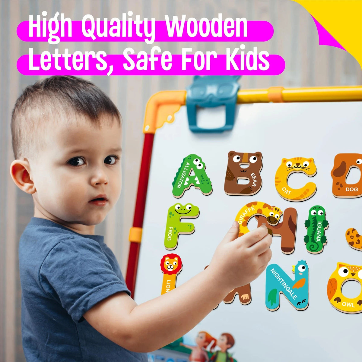 26 Magnetic Wooden Letters for Kids - Colorful Animal Alphabet ABC