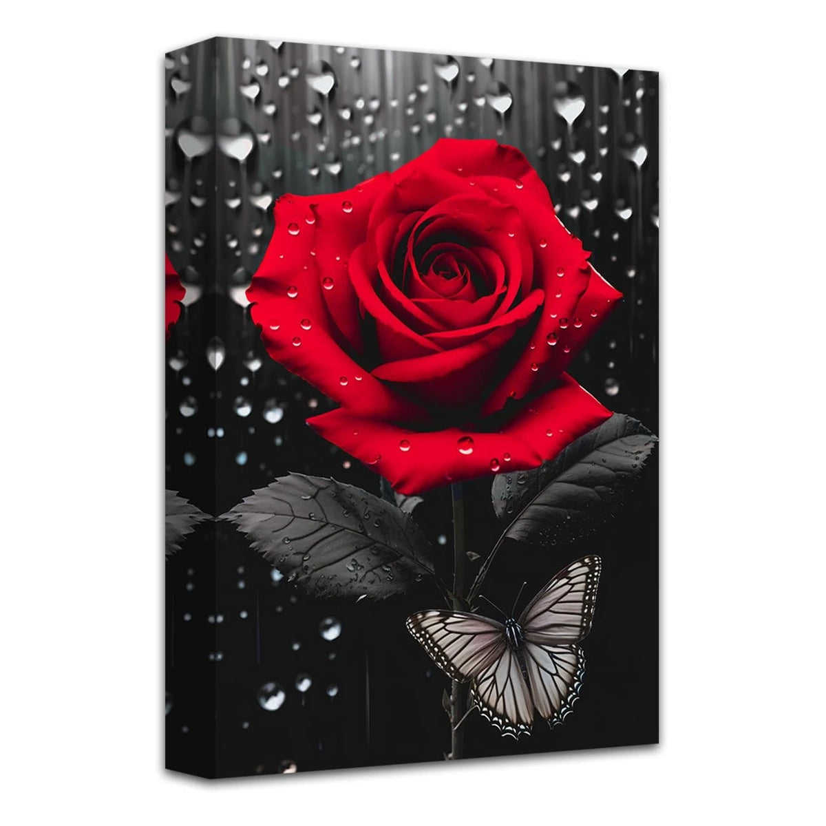 Rose Wall Art for Bathroom Decor (Black and White Red Floral Butterfly)