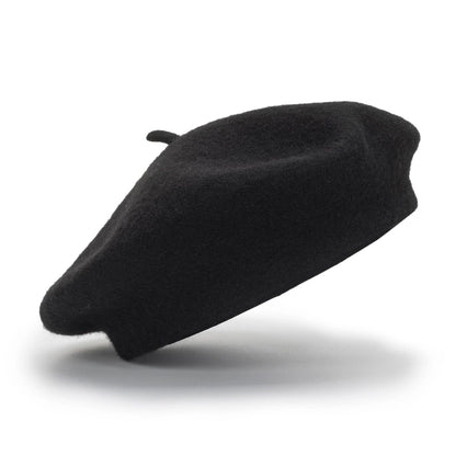 Classic French Beret Hat for Women - Elegant Black Wool