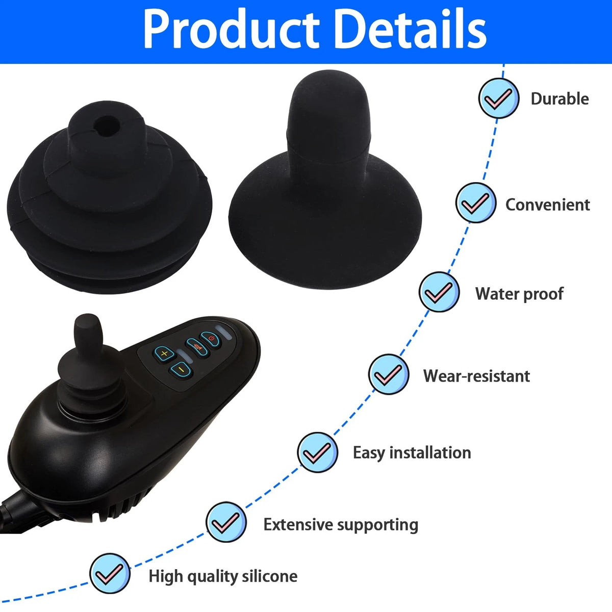 Set of 4 Wheelchair Joystick Knob Caps Black Silicone
