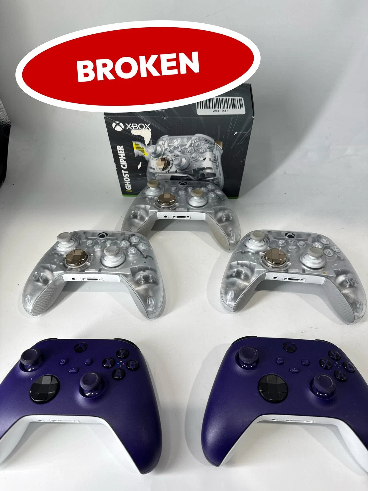 Lot of 5 Xbox Wireless Controllers - Ghost Cipher / Astral Purple