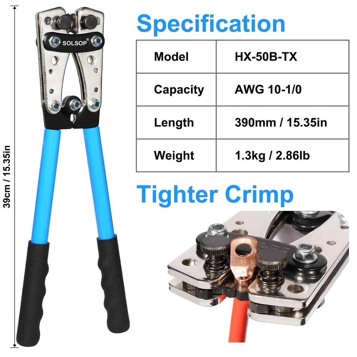 Battery Cable Crimper Tool for AWG 10, 8, 6, 4, 2, 1/0