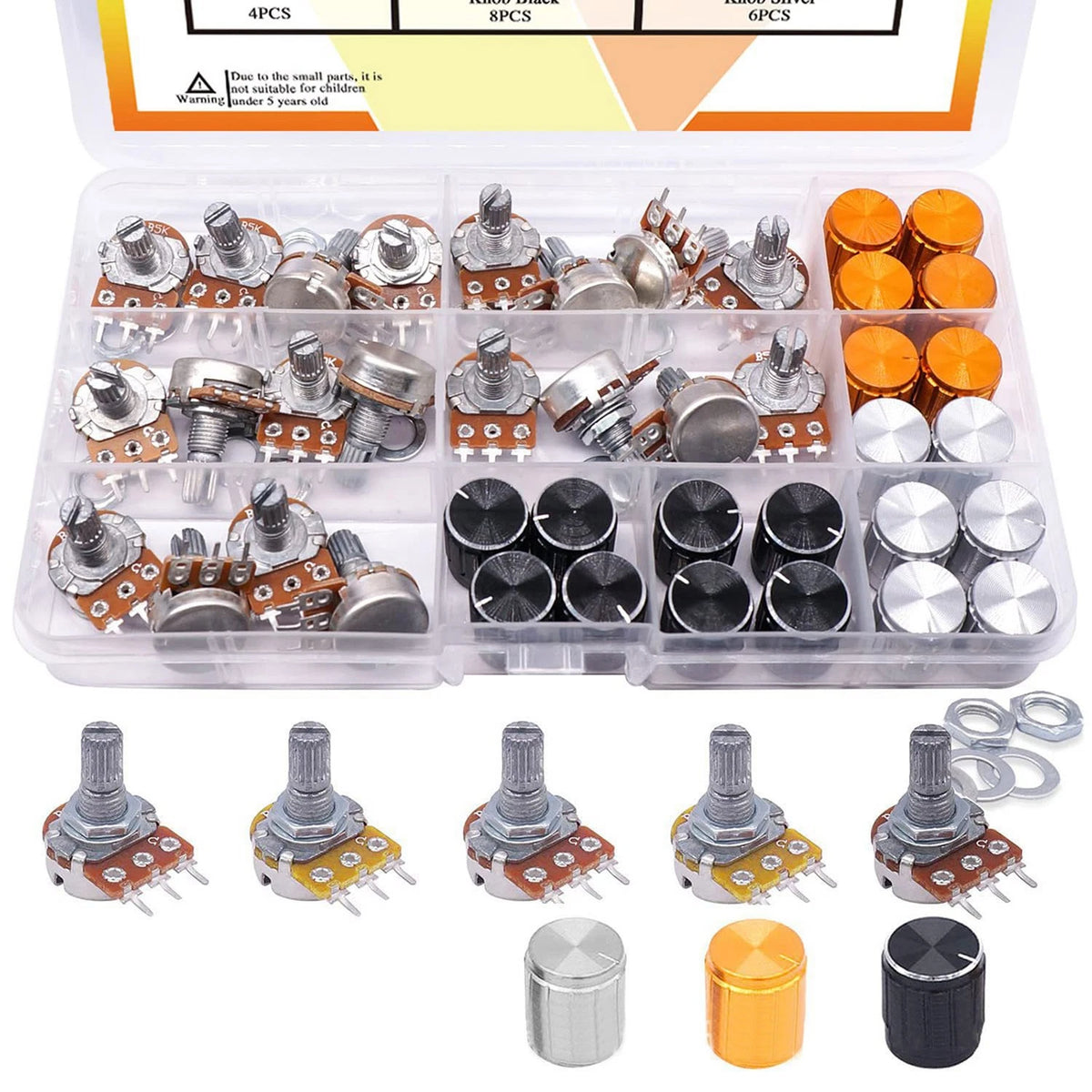 60pcs Set of Audio Potentiometers with 3-Color Rotary Knobs