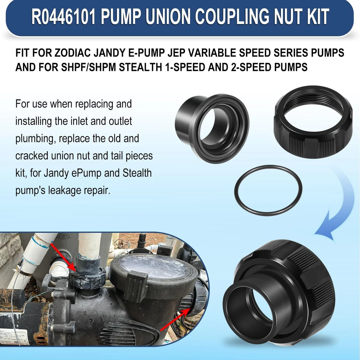2" x 2.5" Tail Piece with O-Ring and Coupling Nut for Zodiac Jandy