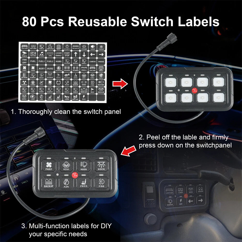 8 Gang Switch Panel for Jeep Wrangler (2018–2023) - LED Light Control