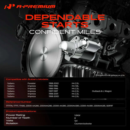 Starter for Subaru Impreza, Forester (1993–2003) 1.0KW CCW 8T, 23300-AA280, 23300-AA380, 23300-AA381