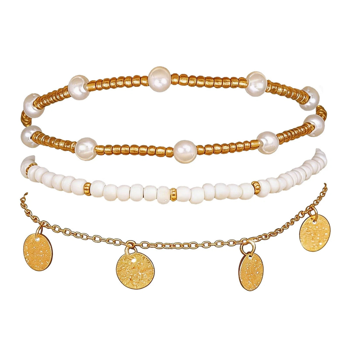 3PCS Ankle Bracelets for Women - Stretch Boho Pearl Bead Gold