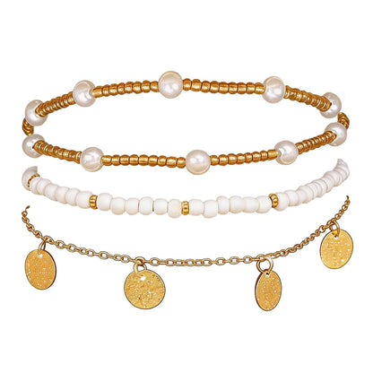 3PCS Ankle Bracelets for Women - Stretch Boho Pearl Bead Gold