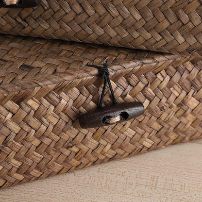 Set of 2 Flat Woven Wicker Storage Bins with Lid - Small & Large, Coffee