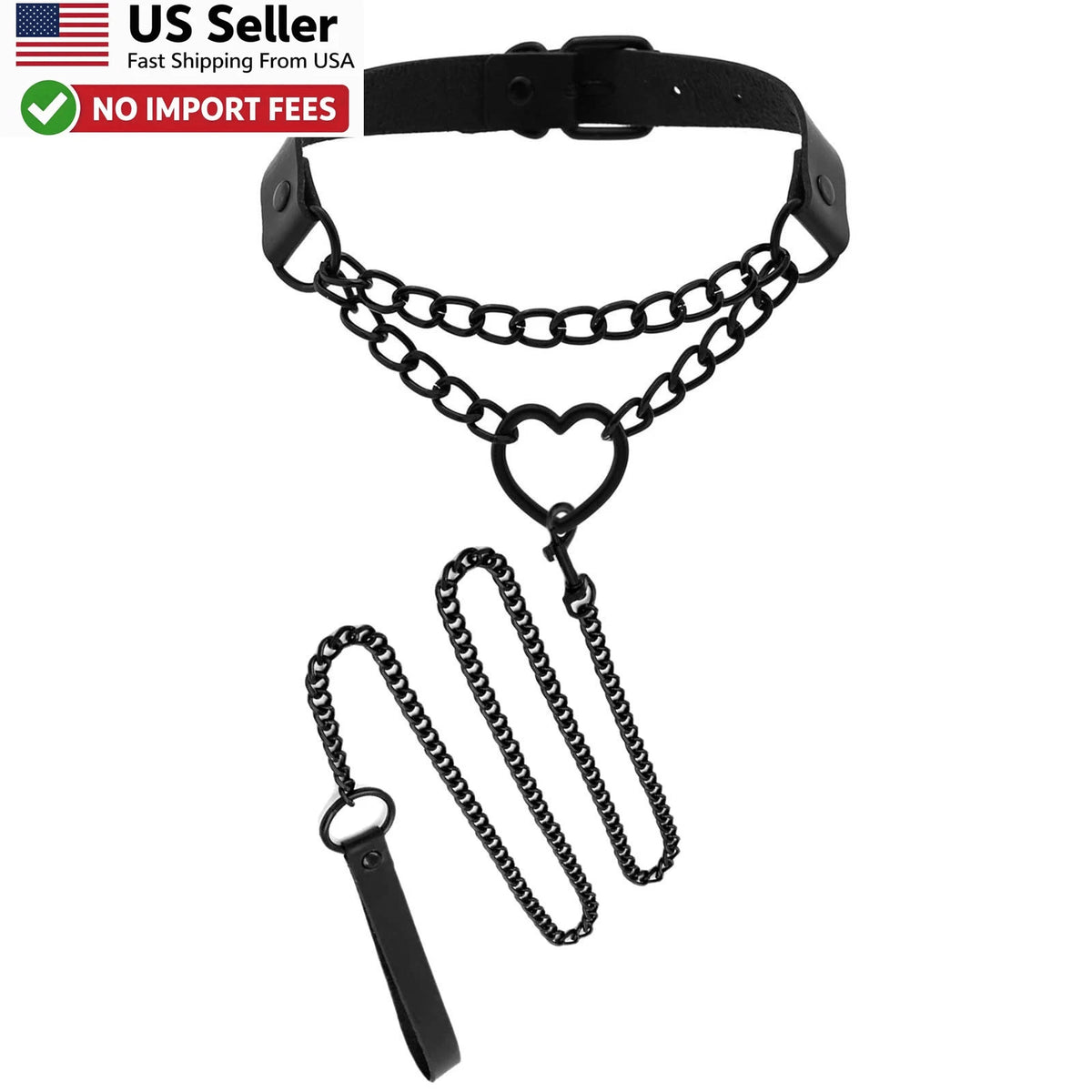 Vintage Love Heart Black Leather Choker Collar Body Chain Belt