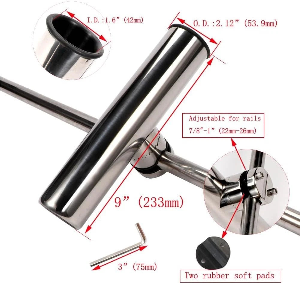 2X Adjustable Stainless Steel Fishing Rod Holder for Rails (Fits 7/8" to 1")