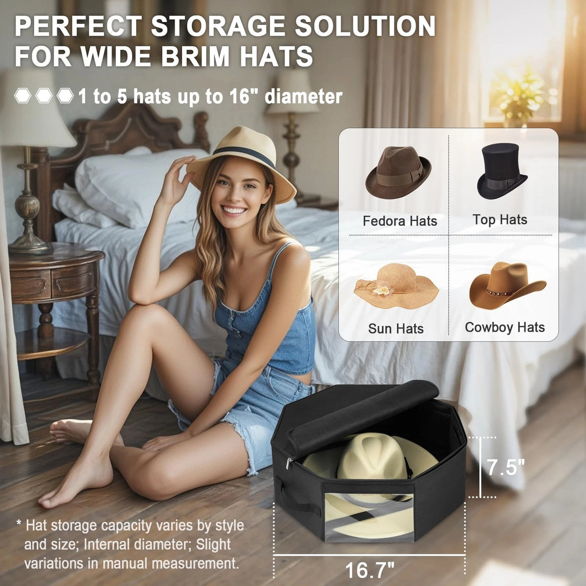 Hat Box for Travel & Home Closet Storage - Large, Black