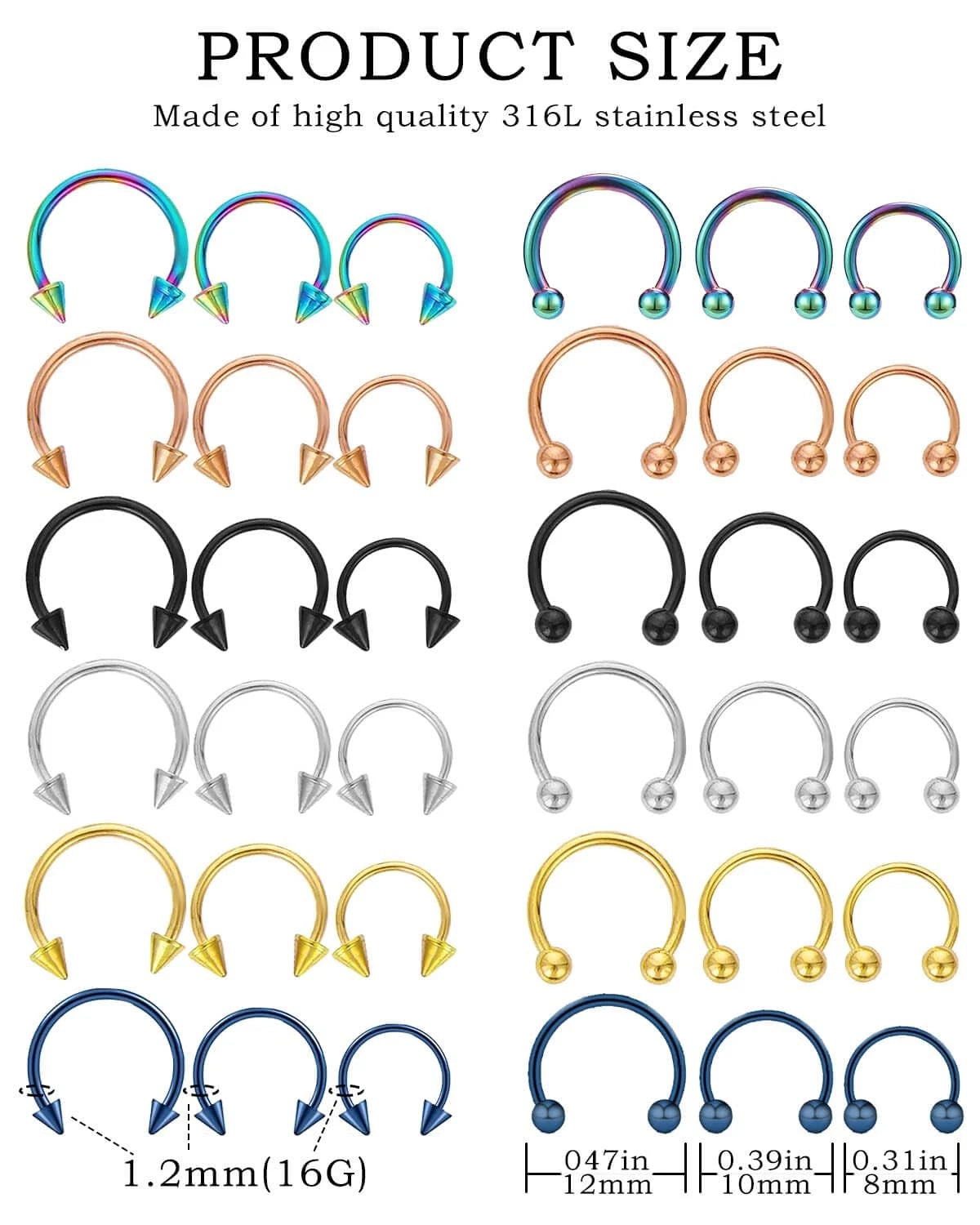 Set of 36 Septum Piercing Jewelry - 8mm, 10mm, 12mm, Gold, Silver, Black, Rainbow, Rose Gold, Blue