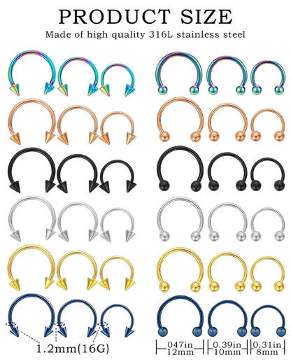 Set of 36 Septum Piercing Jewelry - 8mm, 10mm, 12mm, Gold, Silver, Black, Rainbow, Rose Gold, Blue