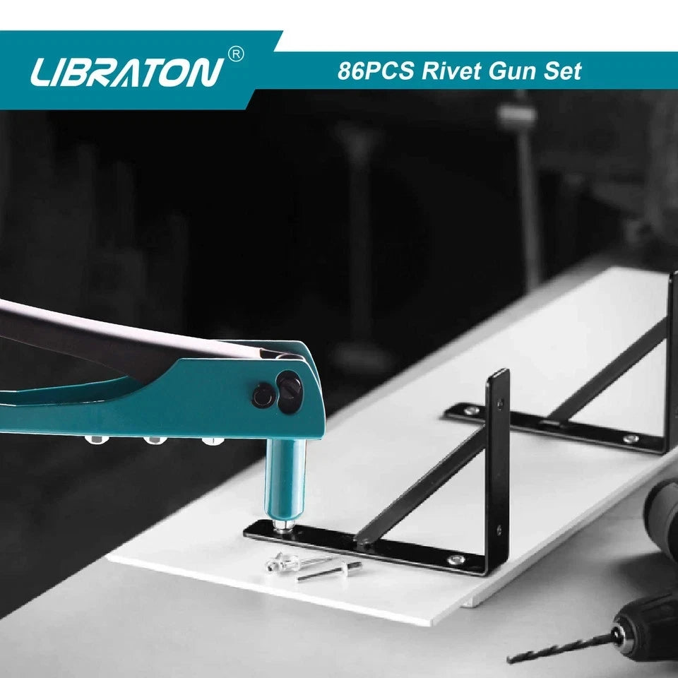 Rivet Gun Kit with 80 Metal Rivets & 4 Drill Bits for Heavy Duty Use
