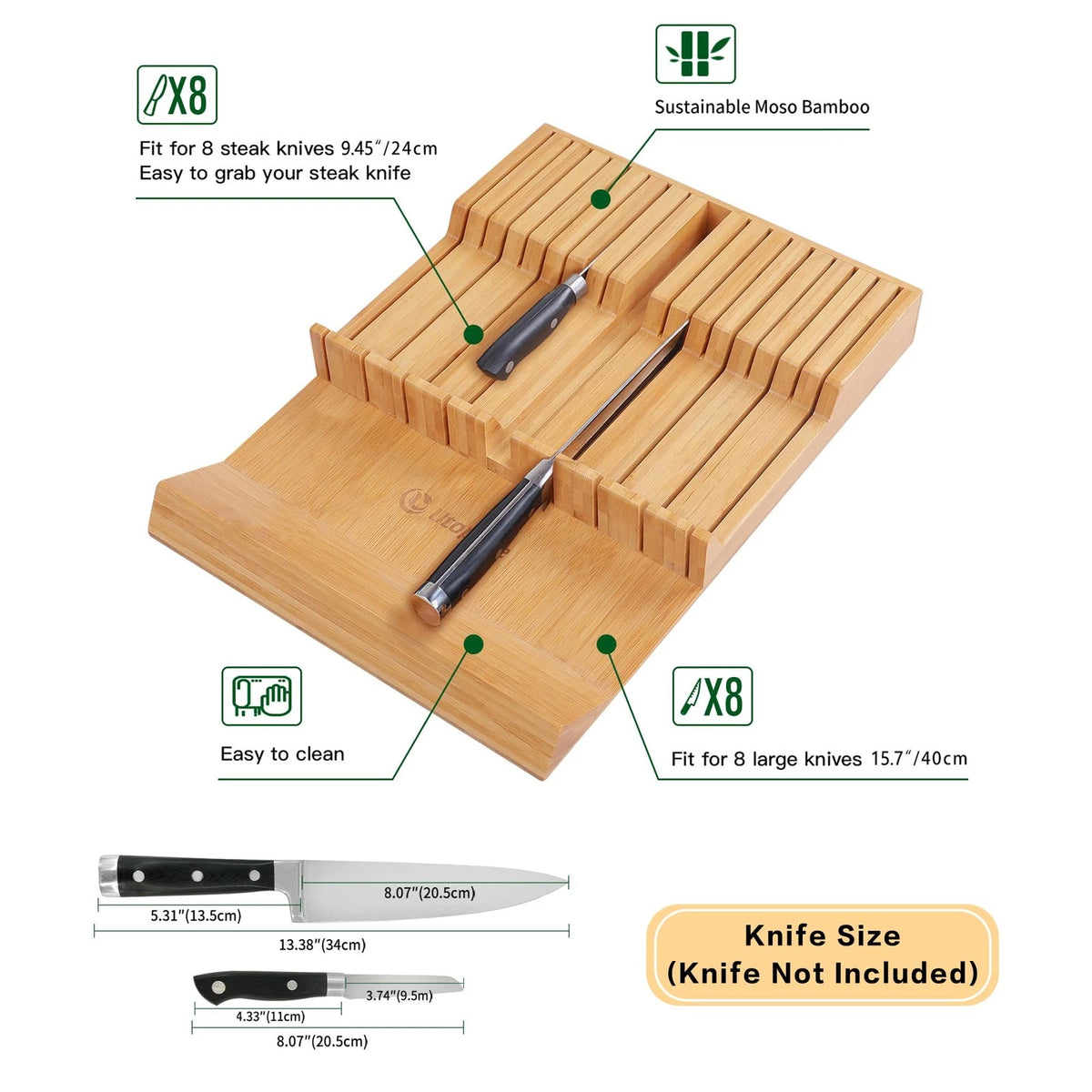 16-Slot Bamboo Knife Block for Kitchen Drawer
