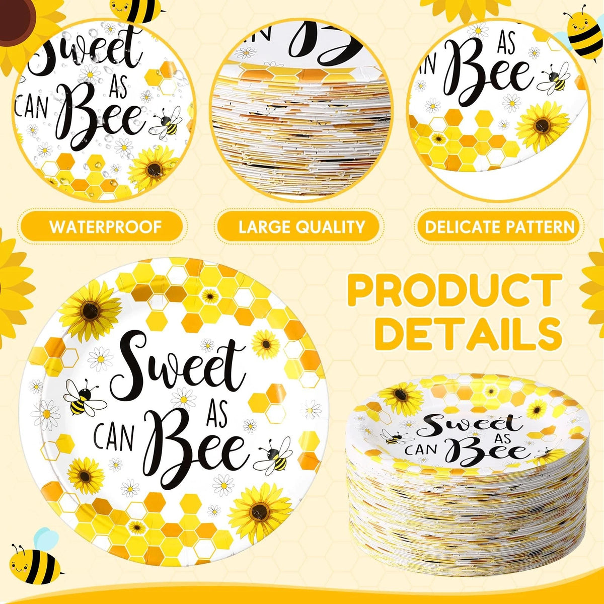 60 Pcs 7 Inch Honey Bee Paper Plates for Baby Shower Tableware