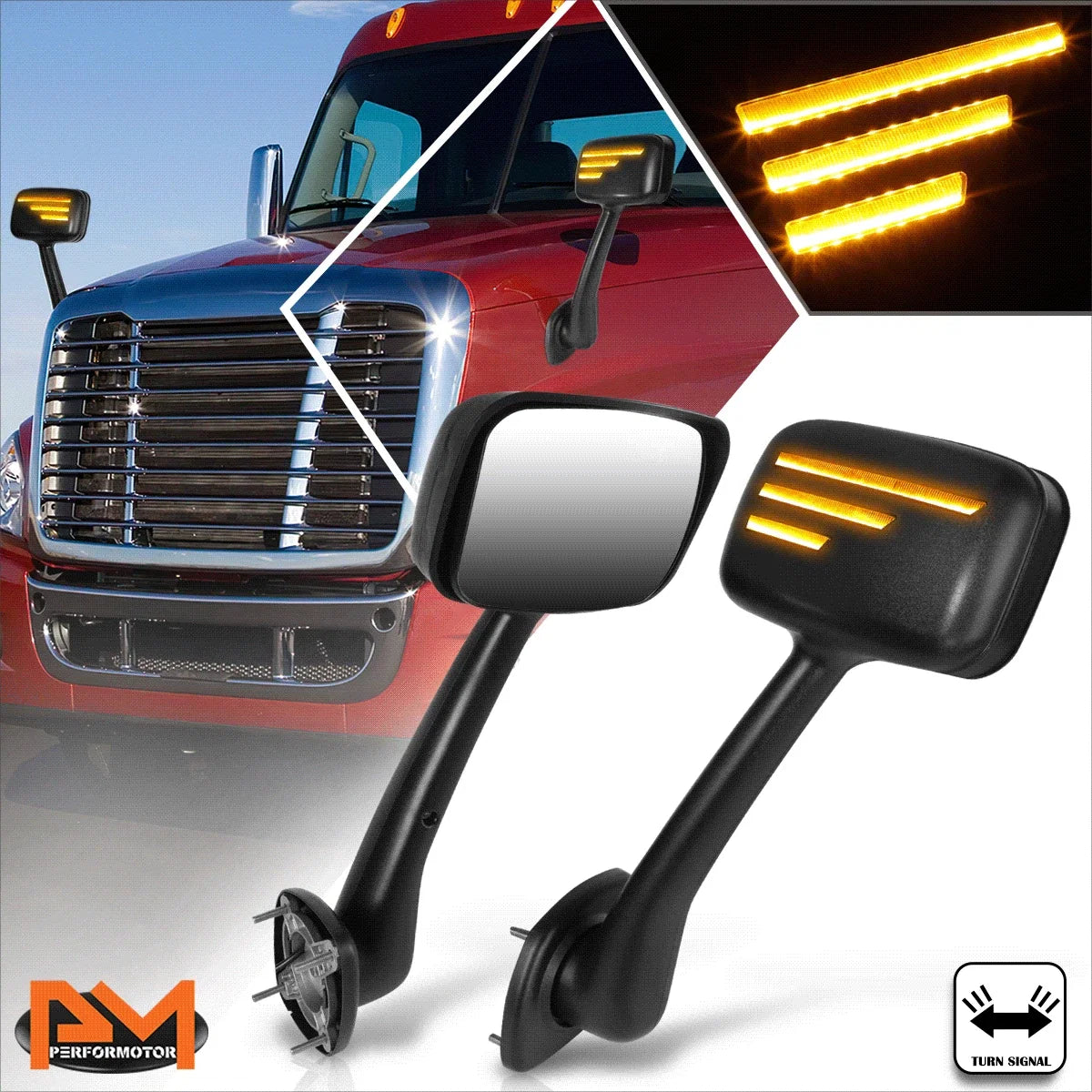Amber Sequential LED Signal Side Hood Mirrors for Freightliner Cascadia (2008–2017)