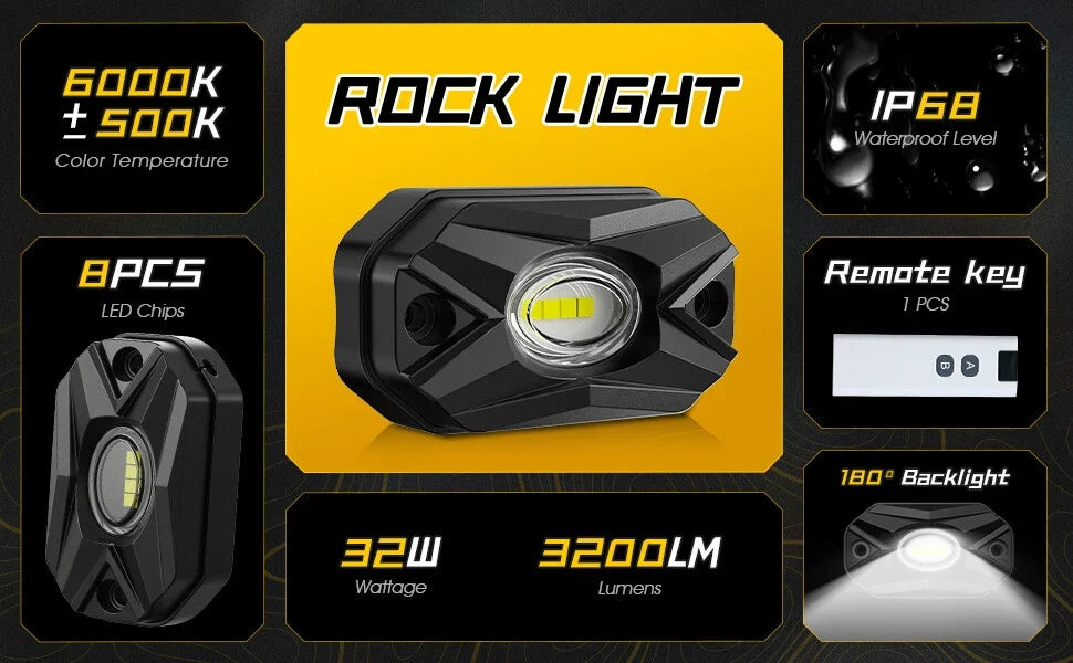 8X White Rock Lights w/ Remote Control for Trucks SUV ATV UTV Golf