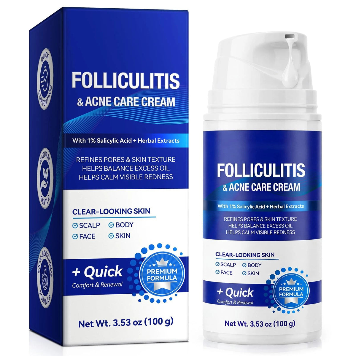 Folliculitis & Acne Care Cream 100g - 1% Salicylic Acid, Herbal Extracts
