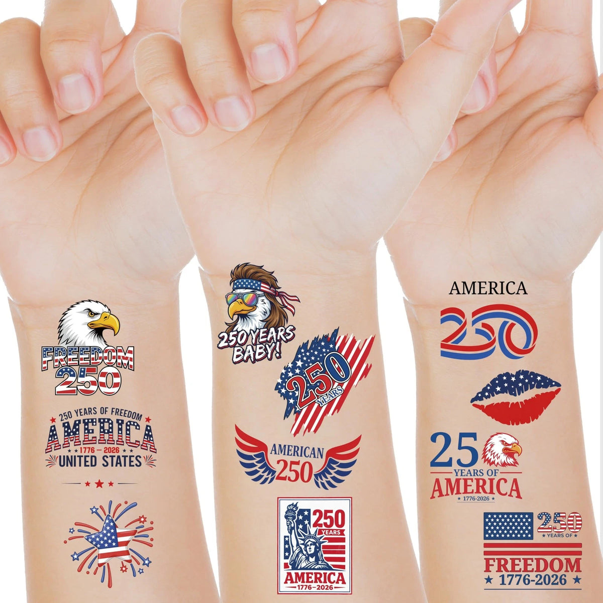 250th Anniversary USA Temporary Tattoos for Kids, 60 Styles
