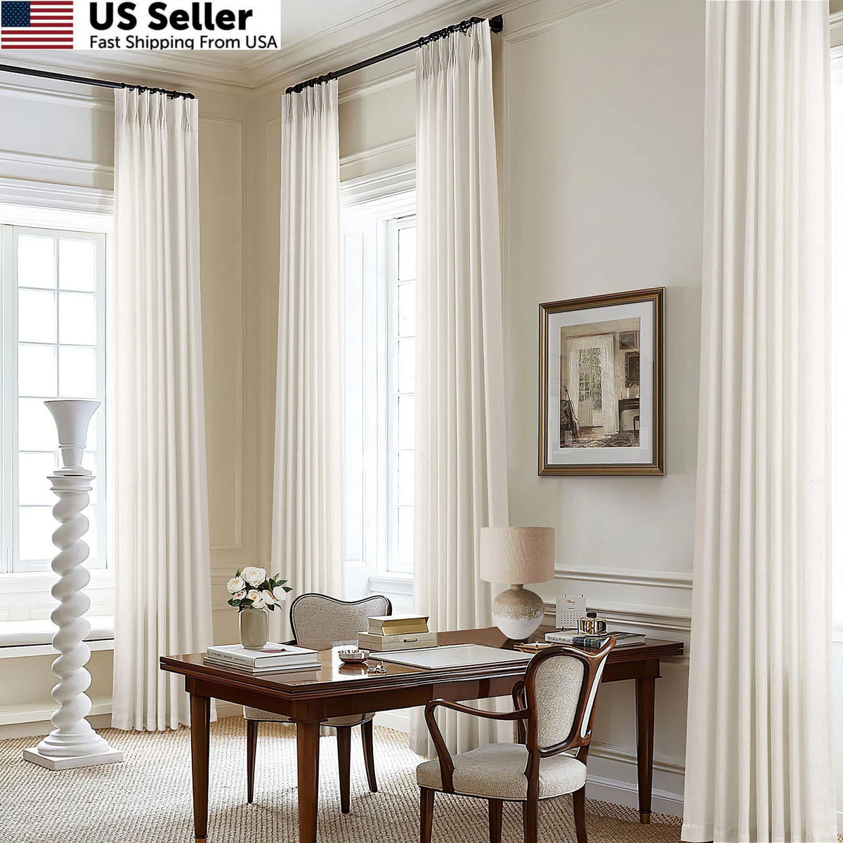Pinch Pleated Linen Curtains for Home (108 Inch, Cream Ivory, Light Filtering)