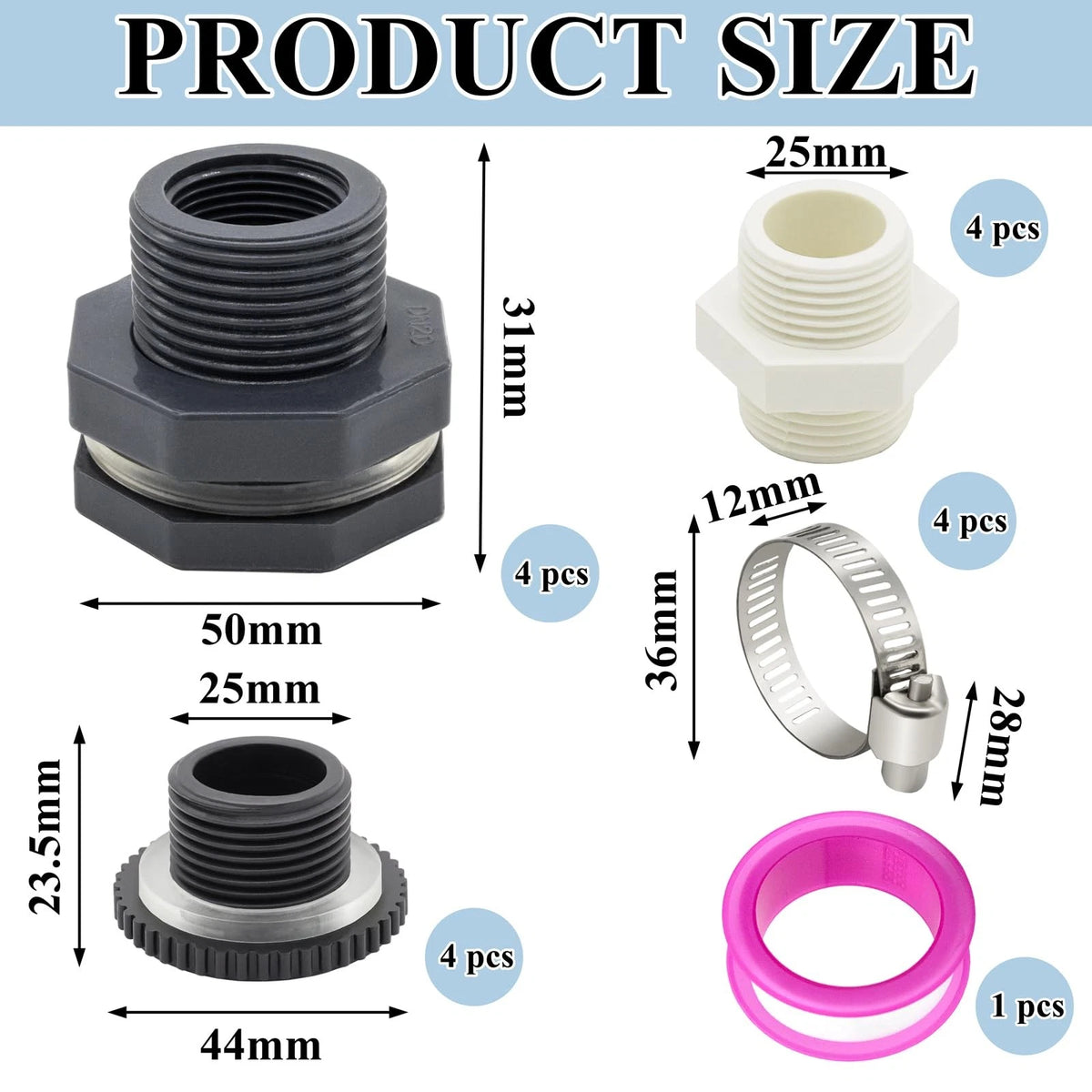 Set of 18 Water Barrel Bulkhead Fittings with Plugs - Black
