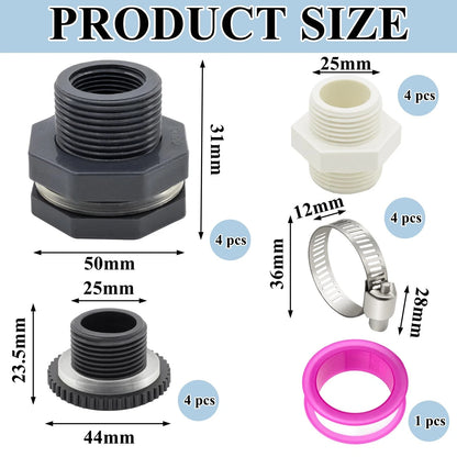 Set of 18 Water Barrel Bulkhead Fittings with Plugs - Black