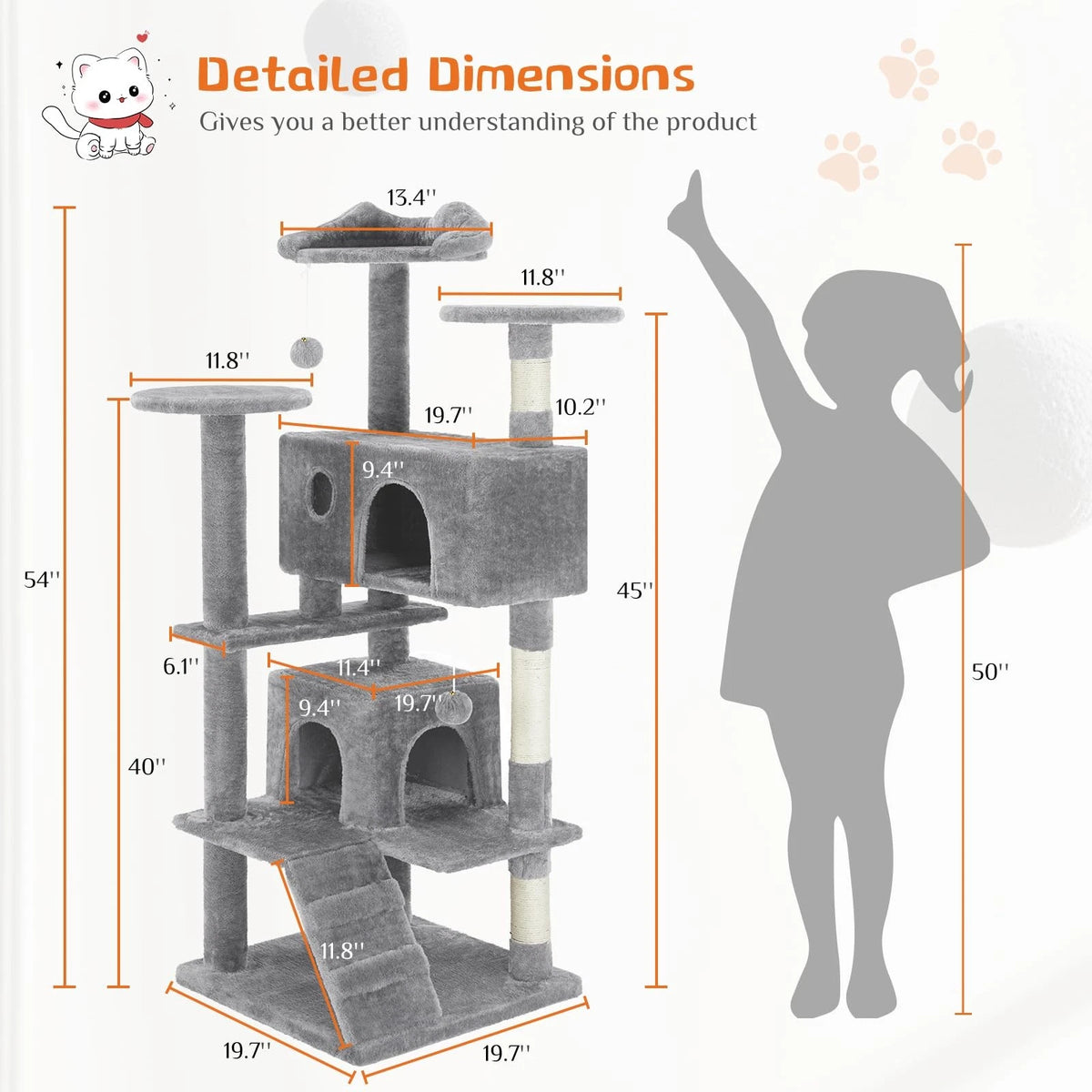 54 Inch Cat Tree Tower for Cats (Multi-Level, Light Grey)