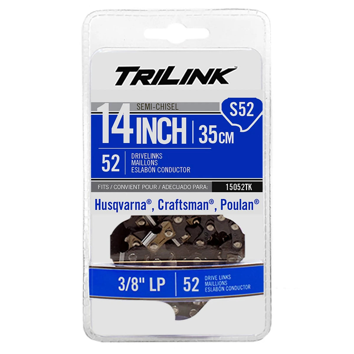 Pre-Cut Loop Chain 52 DL 3/8" LP .050" Semi-Chisel Reduced Kickback