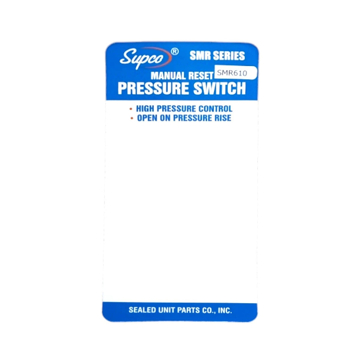 Supco SMR610 High Pressure Switch for HVAC Refrigeration (Manual Reset)