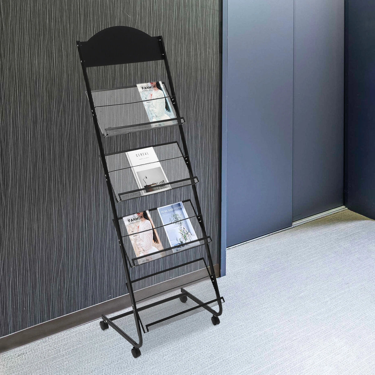 4-Tier Metal Wheeled Magazine Rack for Storage Display Stand